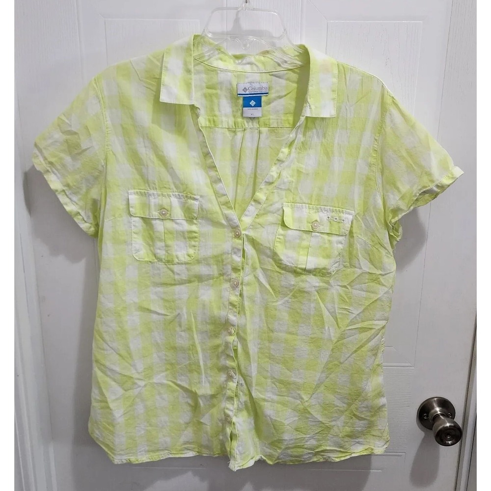 Columbia Womens Plaid Button Up Top Short Sleeve Highlighter Bright Yellow Sz XL